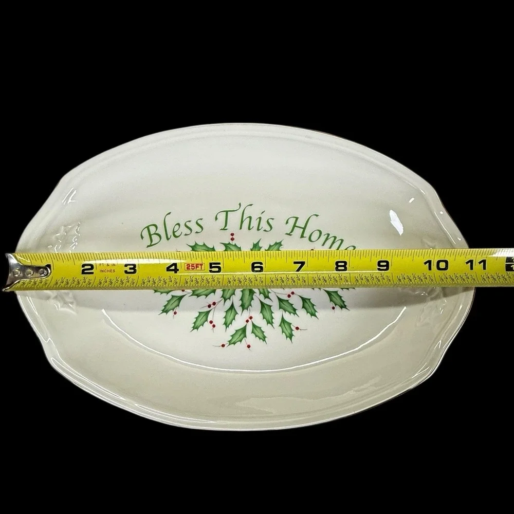 Lenox Holiday Christmas‎ Serving Tray Oval Plate Bless This Home Holly Berry Box